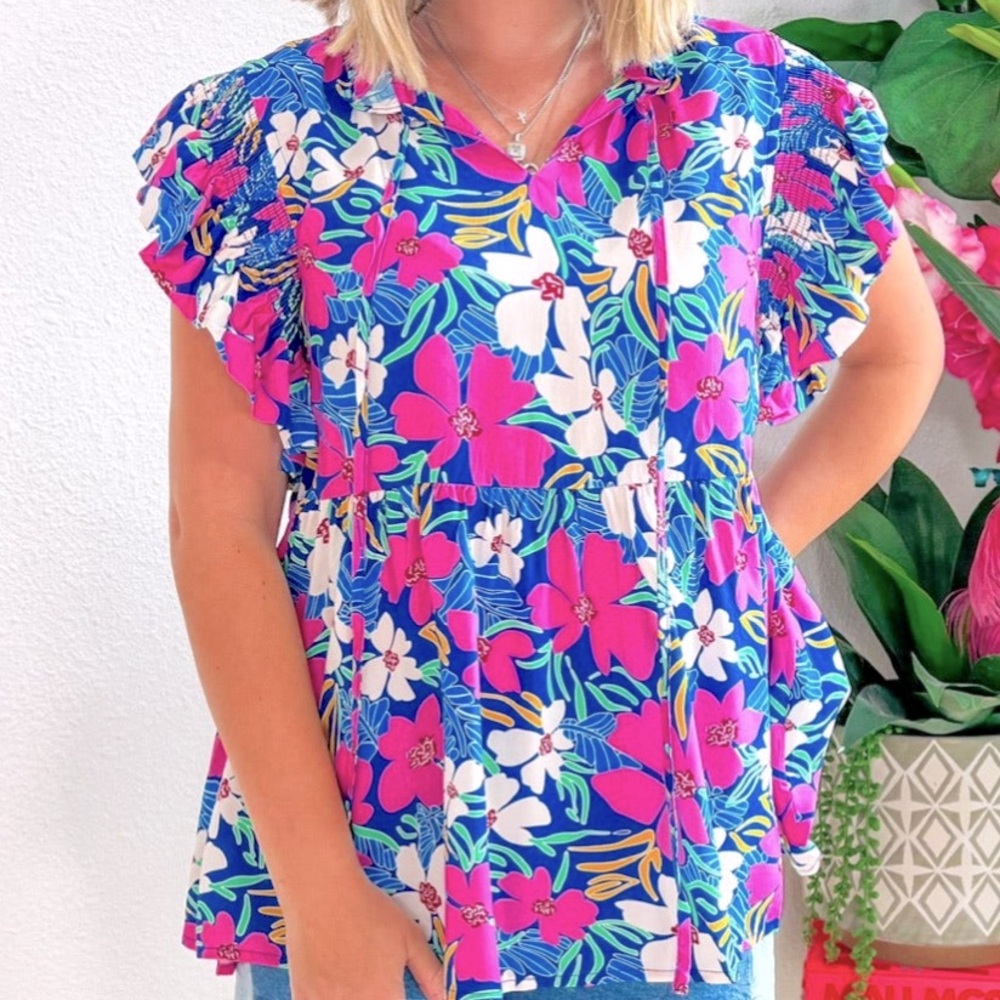 JODIFL Blue Flutter Sleeve Ruffled Blouse